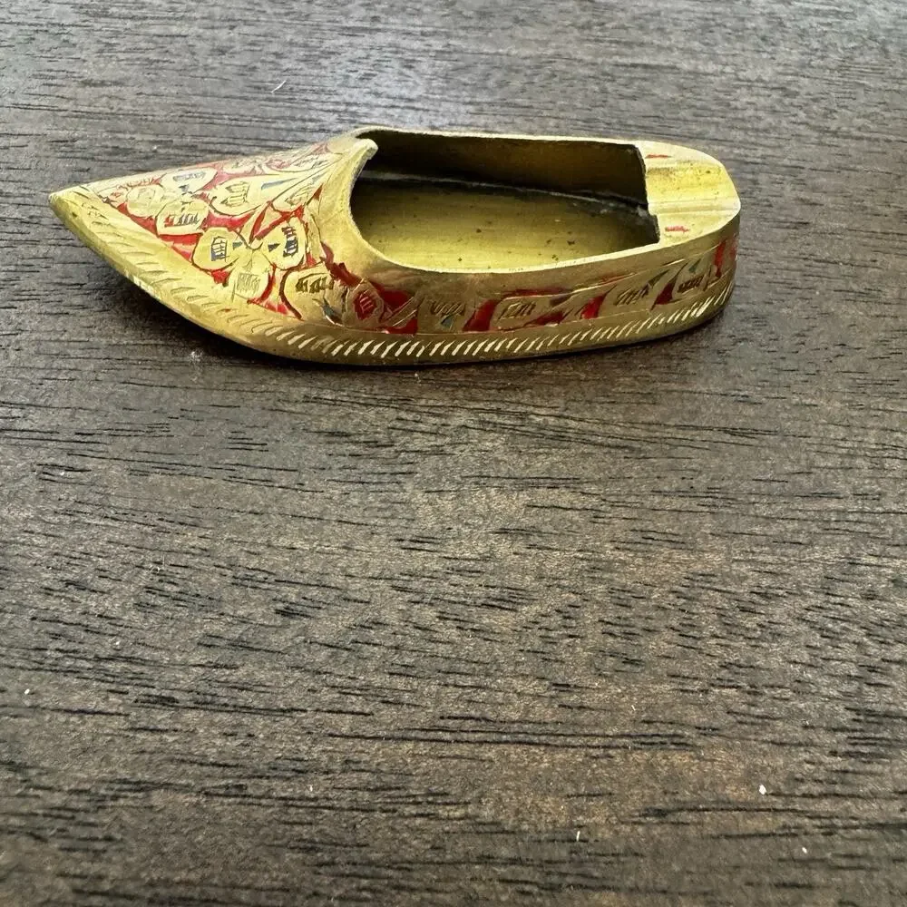 Vintage Brass Shoe Ashtray Hand Etched Red Slipper India Genie Aladdin
